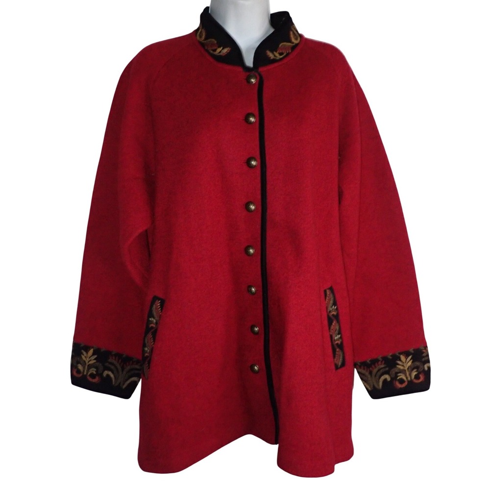 Icelandic Design Women's Red Boiled Wool Embroidered Cardigan Jacket Size L